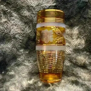 Czech Bohemian Cut  Glass Floral Vase
Amber & Gold Striped 8"